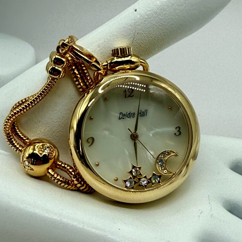 Deidre Hall Pocket Watch Necklace Crystal Accent Moon & Stars Charms MOP Face - Picture 9 of 17